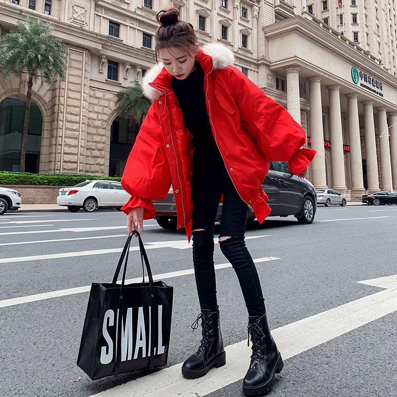 Winter Ruffled Thickened Women's Cotton-padded Jacket Mid-length Fur Collar Hooded Cute Rabbit Ears Cotton-padded Jacket Fashion Warmth Parka Coat