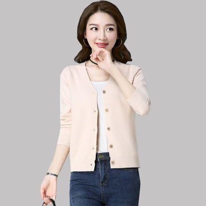 Spring and Autumn Knit Solid Color Cardigan Long Sleeve V-neck Sweater Short Solid Color Coat