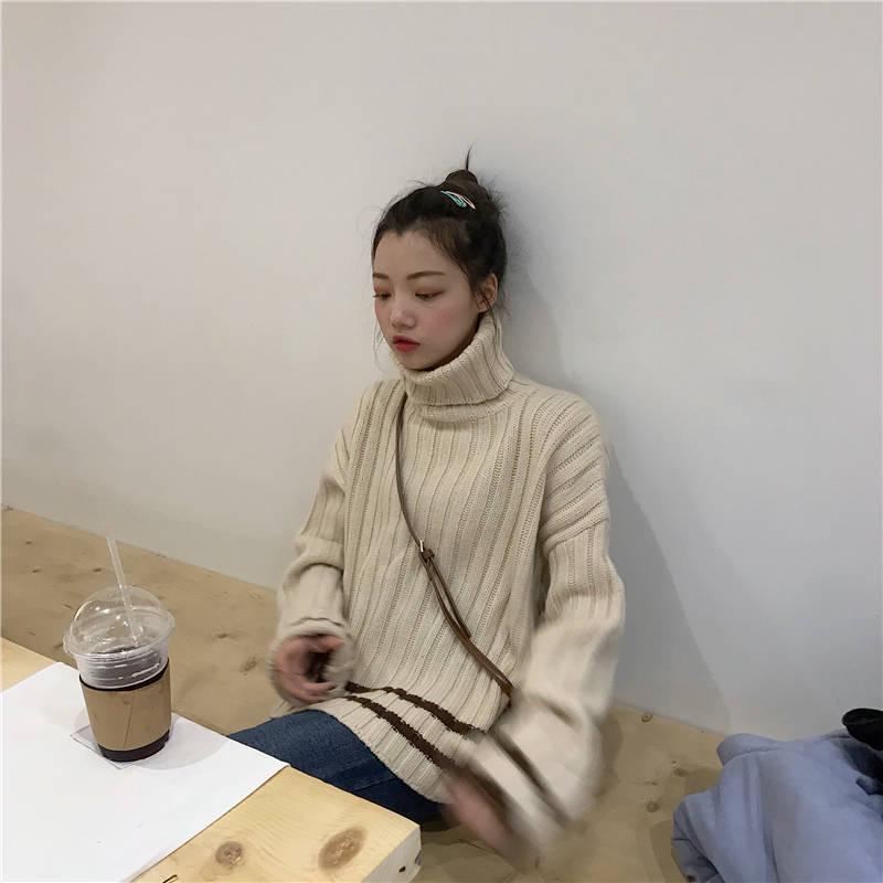 Pofulove High-collar Oversize Minimalist Gary or White Striped Loose Cuffs Pullover Sweater