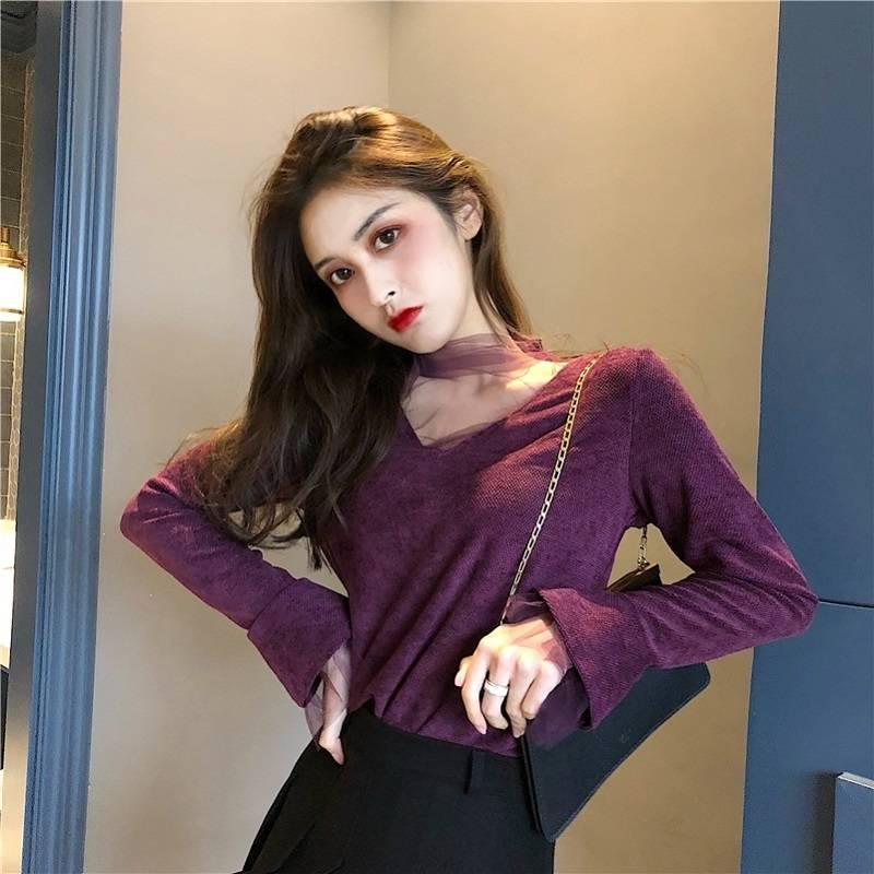Pofulove Slim Sexy Jacket Women Autumn and Winter Retro Chic Wild Stand-up Collar Net Gauze Style