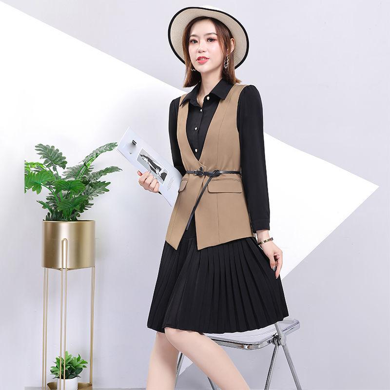 Send Belt Spring and Autumn New Women's Long-sleeved Dress Temperament Waist Waist Vest Shirt Two-piece A-line Base Dress