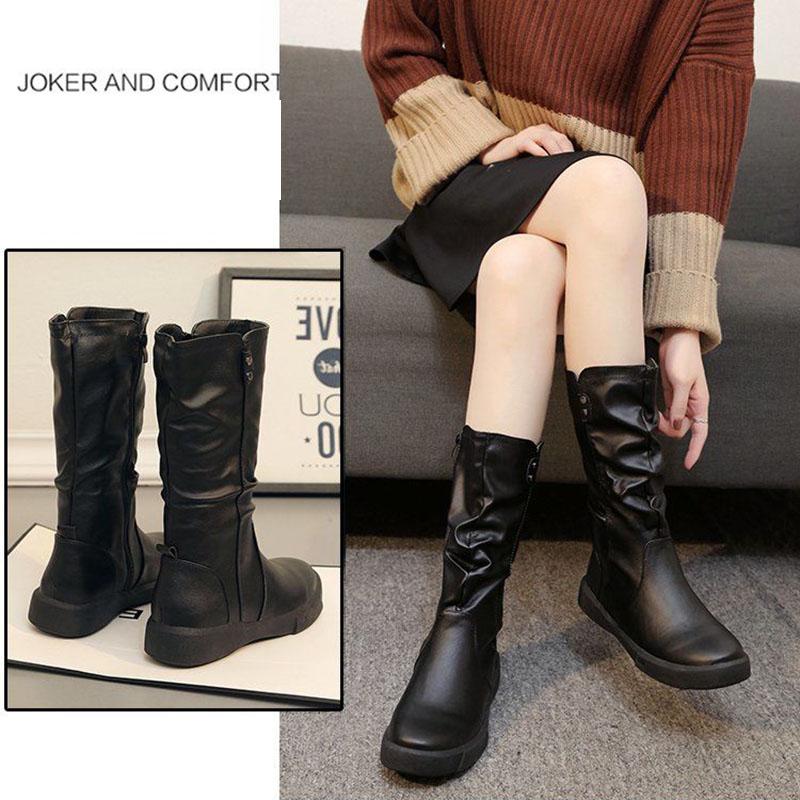 Women's PU Martin Boots Autumn Winter Flat Boots Plus Velvet Knight's Style Boots  Zipper Leather Shoes