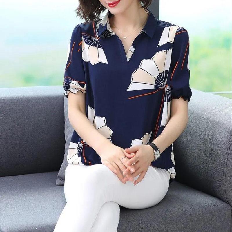 Women's Summer Chiffon Shirt T-shirt Loose Top Short-sleeved V-neck Shirt