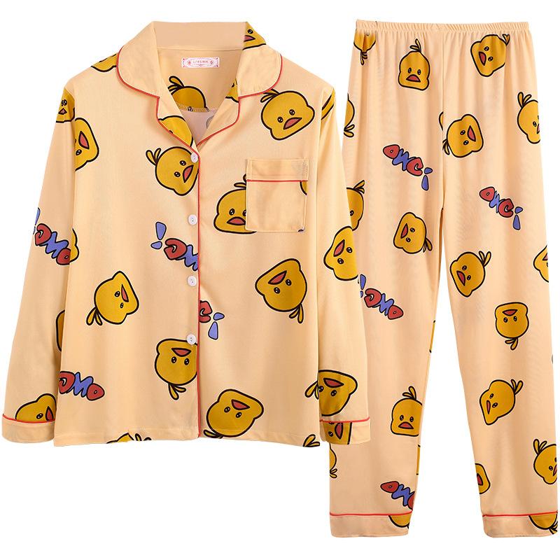 Women  Pajamas Set Cute Pyjamas Suit Turn-down Collar Sleepwear Long Sleeve Home Wear Casual Loose Nightwear Cartoon Night Shirt Top and Pants Sets