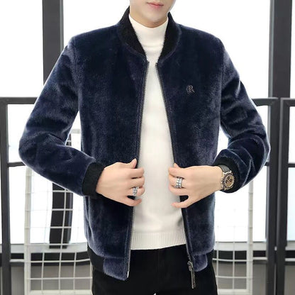 Autumn and Winter Men's Short Jacket Korean Style Slim Knit Jacket Gray Faux Fur Casual Jacket