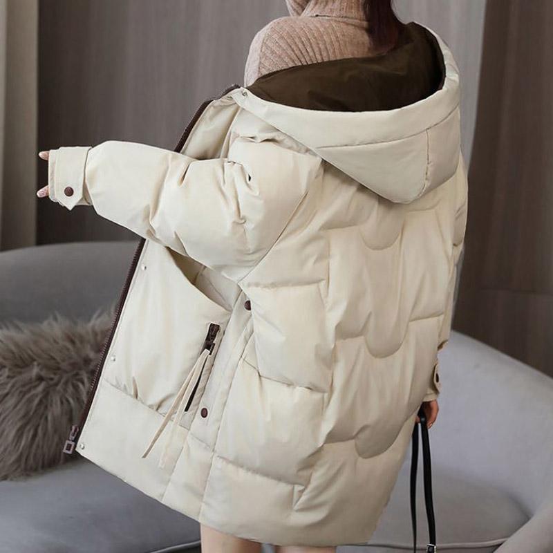 Winter Down Jacket Korean Version Loose Solid Color Cotton Jacket Ladies Mid-length Hooded Down Jacket