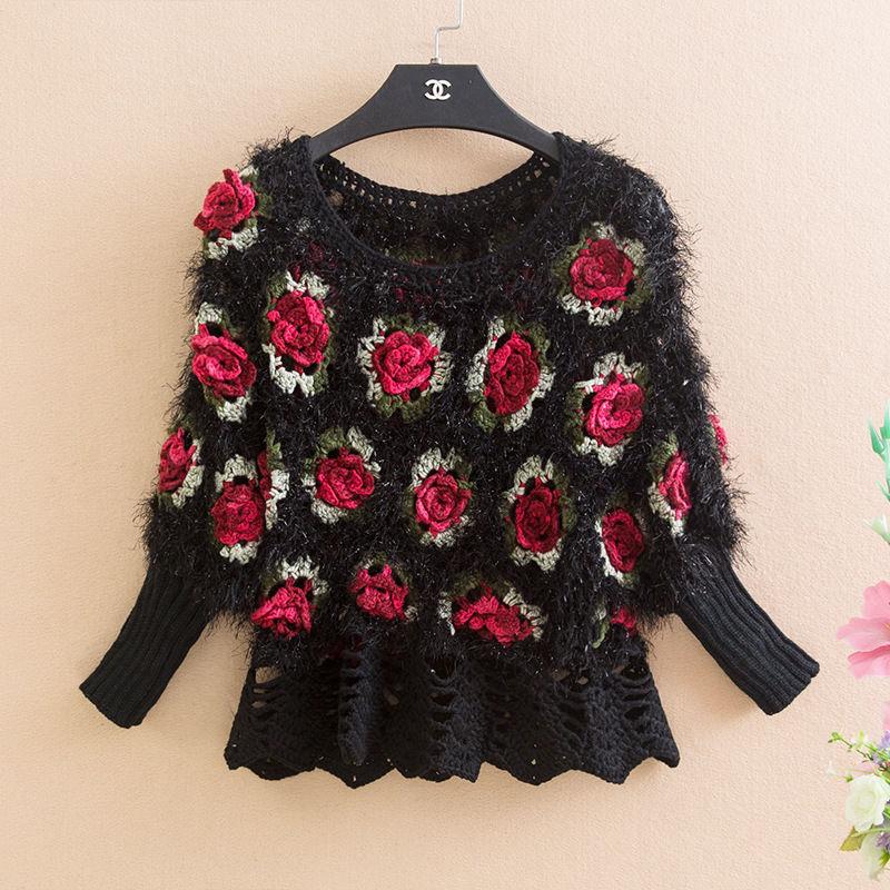 Fall/winter Women Crocheted Knit Jumper Short Pullover Batwing Sweater  Round Neck Mohair Sweater Outwear