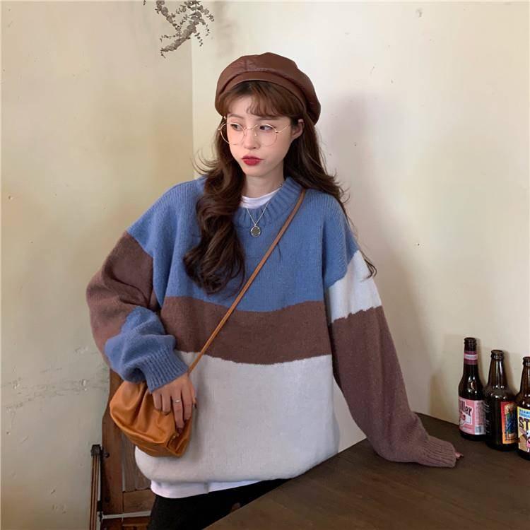 Pofulove Sweater Loose Autumn Winter Korean Lazy Color Matching Striped Round Neck Pullover
