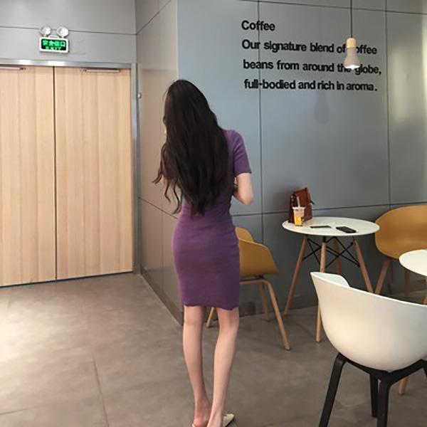 Ladies Sexy Short Sleeves Mid-lengthTight-fitting Stretch-wrapped Hip Skirt Waist Slim Dress