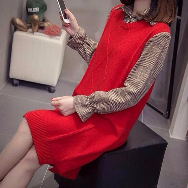 Autumn and Winter Mid-length Loose Sleeveless Sweater Pullover Fake Two-piece Knitted Skirt Bottoming Shirt