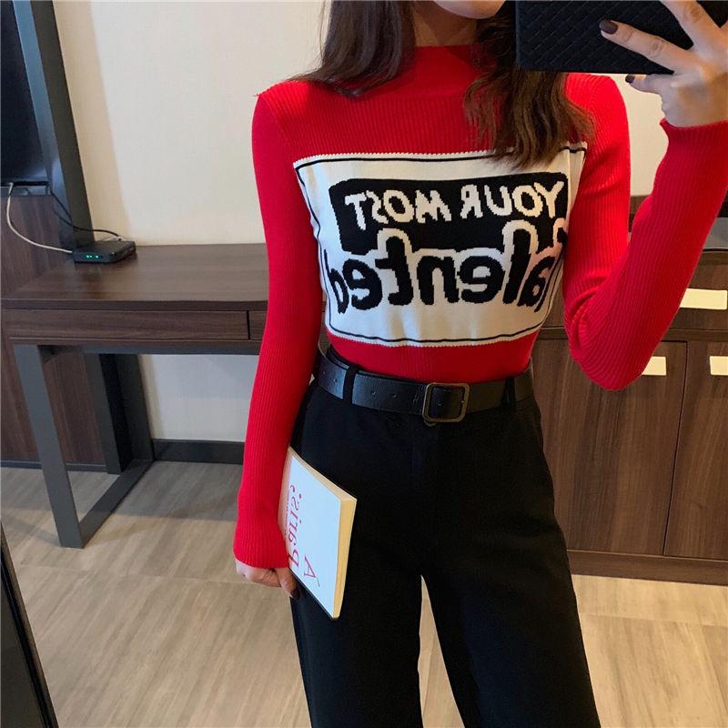 Autumn and Winter Tight Fit Pullover Long-sleeved Bottoming Shirt Printing Wild Sweater