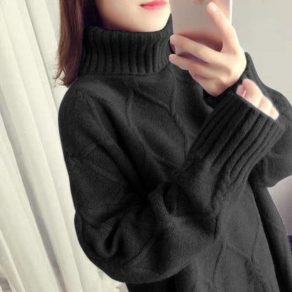 Solid Color Turtleneck Sweater Female Loose Plus Velvet Thick Autumn and Winter Cold Warm Sweater