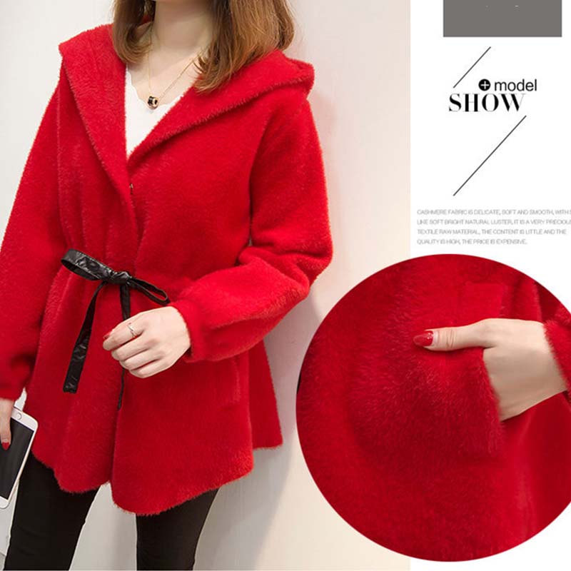Autumn and Winter, Women's Casual Hooded Waist, Water Velvet Cardigan Net Red Knit Jacket Loose