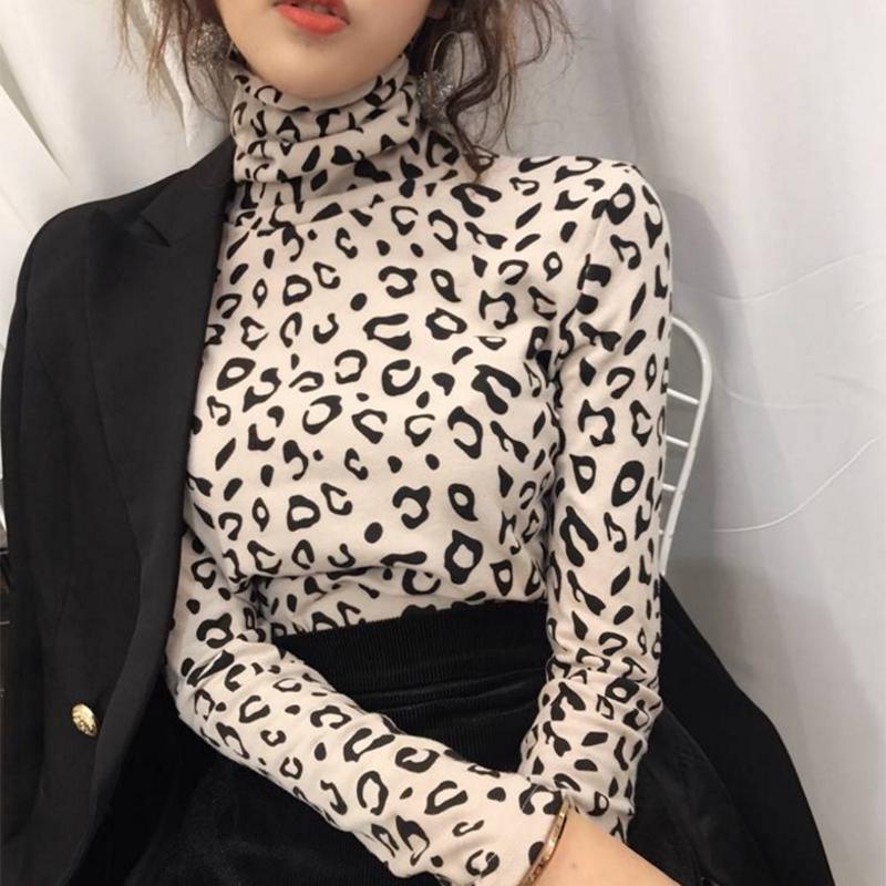 Pofulove Turtleneck Bottoming Shirt Women's Long Sleeve Leopard Warm Slim Wild Thin Plus Fleece Top