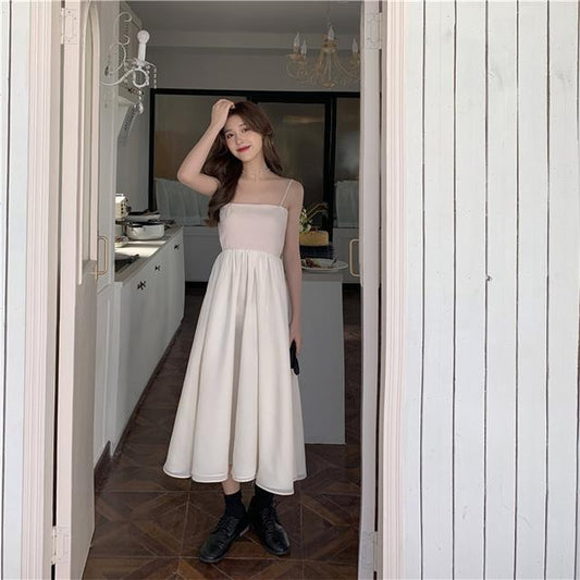 Female Spring and Summer French Elegant Super Xiansen Soft Snow Textile Long V-neck White Suspender Dress