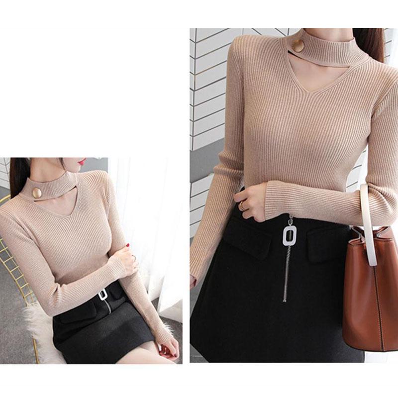 Autumn and Winter Hollow V-neck Sweater Long-sleeved Slim Pullover Bottoming Shirt Fashion Knitted Women's Top