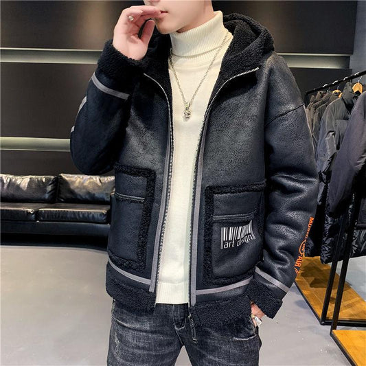 Men's Leather Velvet Jacket Trend In Autumn and Winter Plus Velvet Thick Lamb Velvet Jacket Warm Top