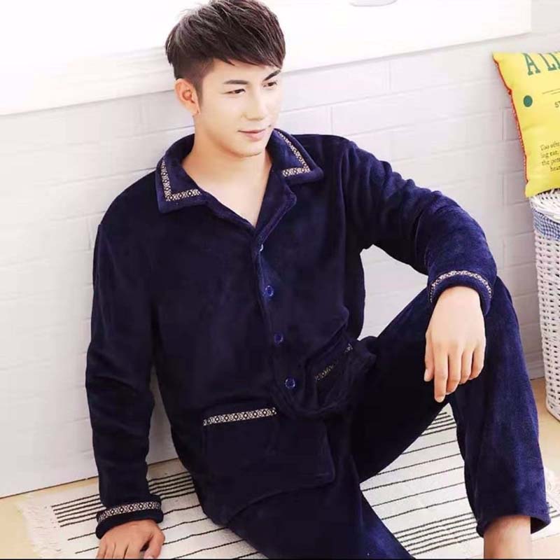 Men's Pajamas Winter Coral Velvet Thickened Plus Velvet Plus Size Youth Cardigan Home Service Suit