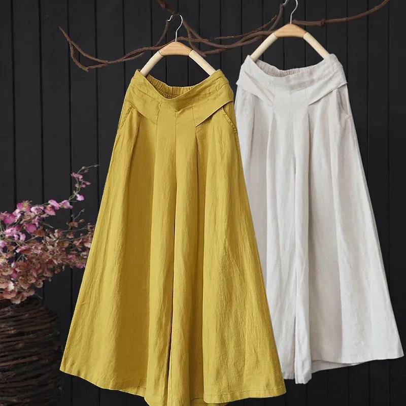 WTEMPO Summer Casual Trousers  Women's Cotton Wide-leg Pants Cropped Trousers Loose Plus Size High-waisted