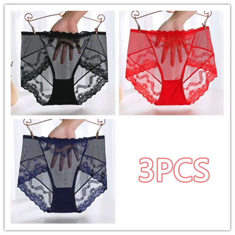 Black Plus Size Mid High Waist Panties Ladies Sexy Lace Mesh Seamless Transparent Ladies Briefs Transparent Hollow Out Panties