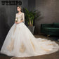 Gorgeous Ball Gown V Neck tassel Sleeves Lace Champagne Long Wedding Dresses Bridal Gown