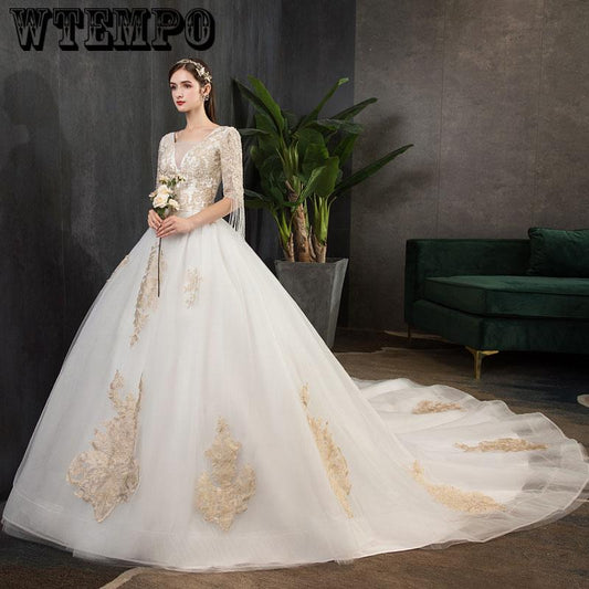 Gorgeous Ball Gown V Neck tassel Sleeves Lace Champagne Long Wedding Dresses Bridal Gown