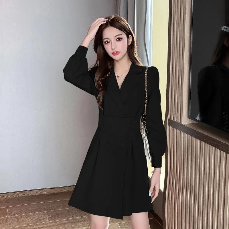 Suit Collar Long-sleeved Dress Women's Spring and Autumn Korean Style Design Windbreaker Short Skirt Ladies A-line Skirt