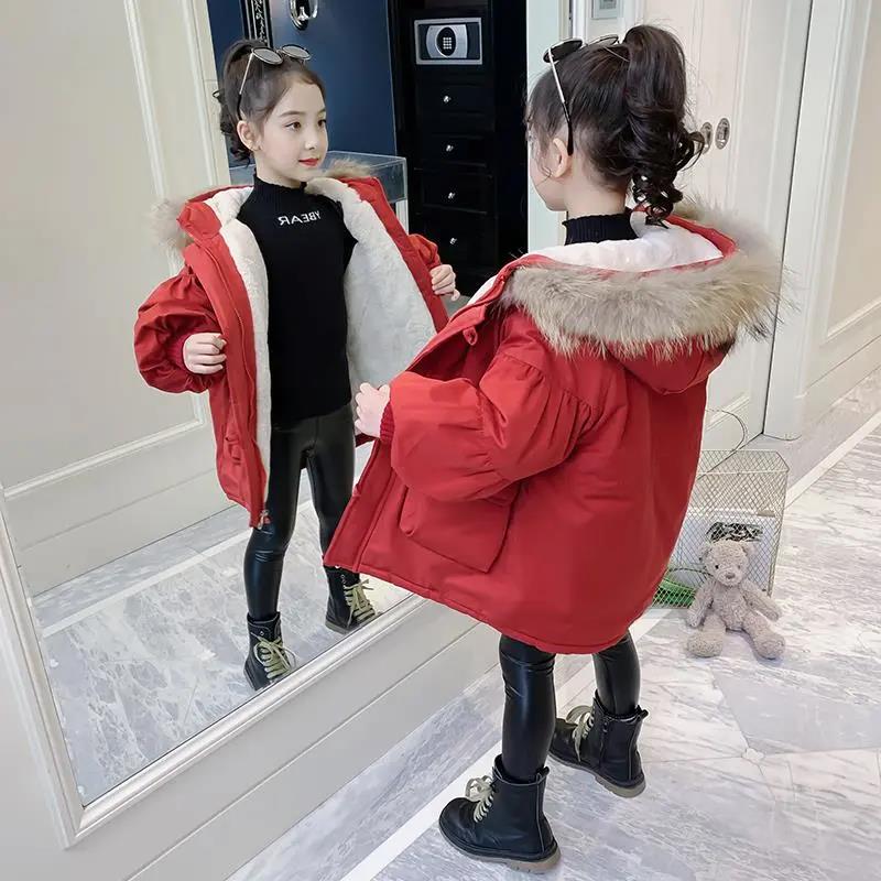 Girls Plus Velvet Cotton Winter Clothes Warm and Windproof Mid-length Quilted Jacket