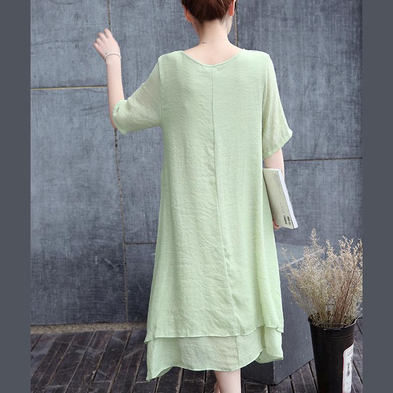 Summer Retro Ethnic Print Dress Mid-length Plus Size Fake Two Pieces of Bamboo Print Solid Color