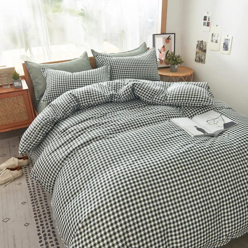 Fashion Simple Cotton Plaid Four-piece Bedding Bedroom Thickening Skin-friendly Quilt Cover Sheet Single Double Dormitory Bedding