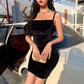 French Sexy Sling Black Dress Temperament Slim Slimming Buttocks Short Skirt Spring Summer Velvet Dress