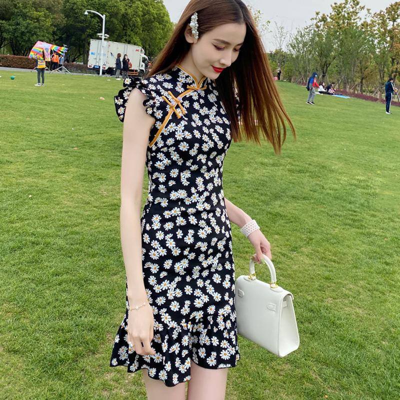 Little Daisy Cheongsam Improved Dress Short Floral Sexy Small Young Girl Daily Wear