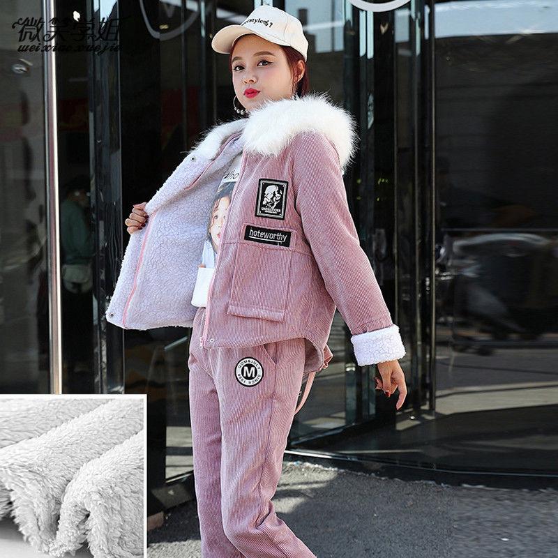 2pcs/set Winter Parka Women Fleece Liner Hooded Parka Coat+ Pant Two-piece Set Ladies Causual Warm Jacket   Outwear Outfits