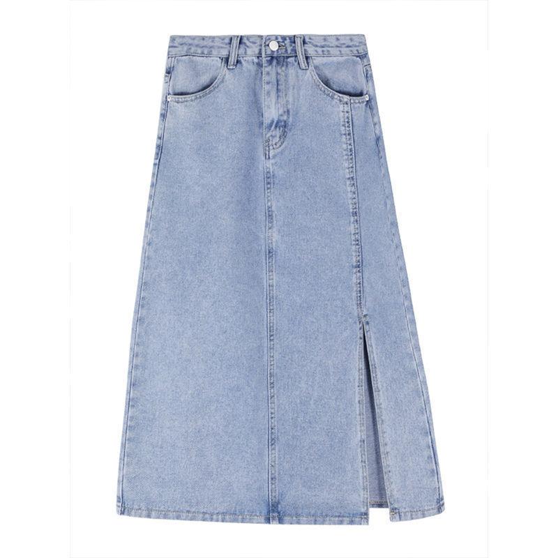 Long Skirt Women Solid Split Denim Skirt High Waist Over The Knee Hip Skirt Casual Club Home Office