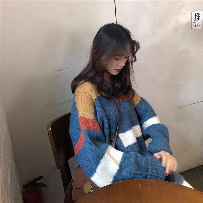 Autumn and winter new sweet striped sweater female student loose thin wild hooded sweater coat