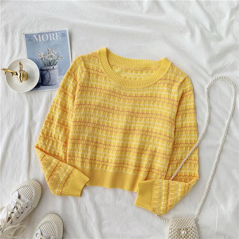 Cute O-neck Pullover Long Sleeve Short Twist Sweater Women Open Waist Striped Knitwear