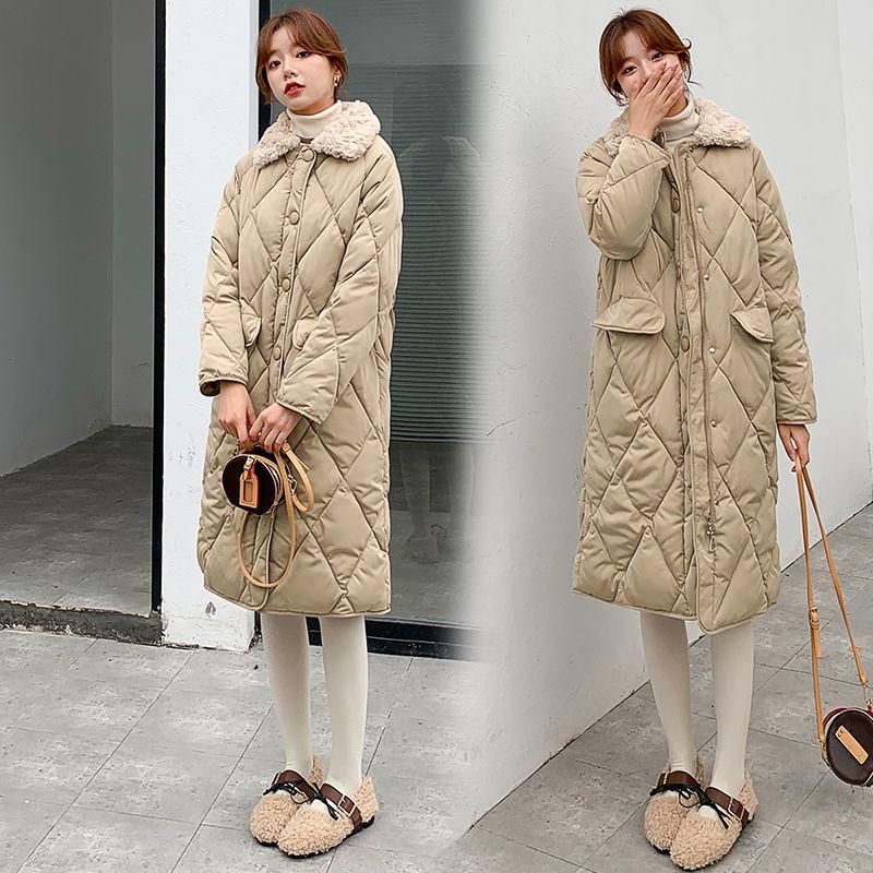 Lingge Lamb Fur Collar Cotton Jacket Women Winter Loose Mid-length Large Size Cotton Jacket Jacket Winter Thick Warmth Without Hood Cotton Jacket