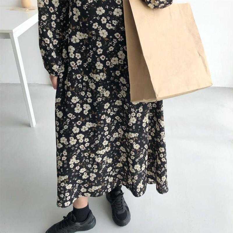 French Temperament Retro V-neck Floral Skirt Female Spring Summer Waist Thinner Over The Knee Chiffon Dress