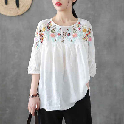 Retro Embroidered Round Neck Short Sleeve T-Shirt Women's Loose Shirt Summer Half Sleeve Cotton Top