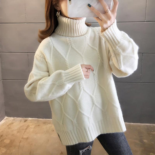 Autumn and Winter Clothes Loose Turtleneck Sweater Women's Twist Knit Split Bottoming Shirt Outer Wear