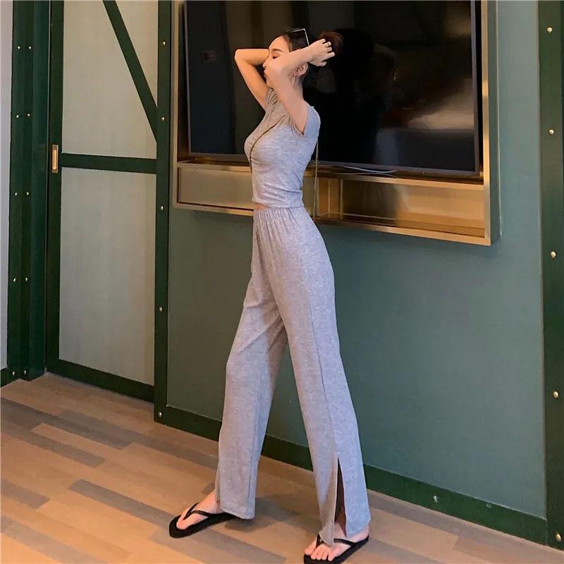 2PCS Women's Short Slim Fit Slim Fit Navel Top + High Waist Wide Leg Pants Two-piece Summer Elastic Waist Split Straight Pants Set