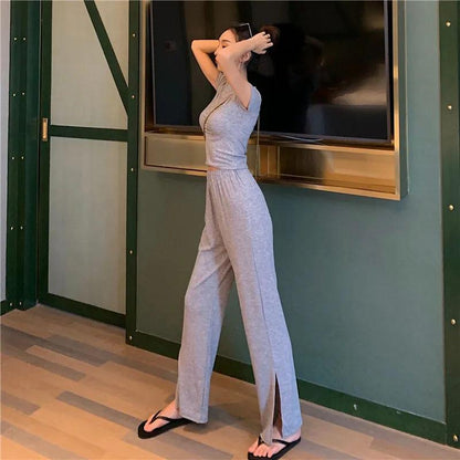 2PCS Women's Short Slim Fit Slim Fit Navel Top + High Waist Wide Leg Pants Two-piece Summer Elastic Waist Split Straight Pants Set