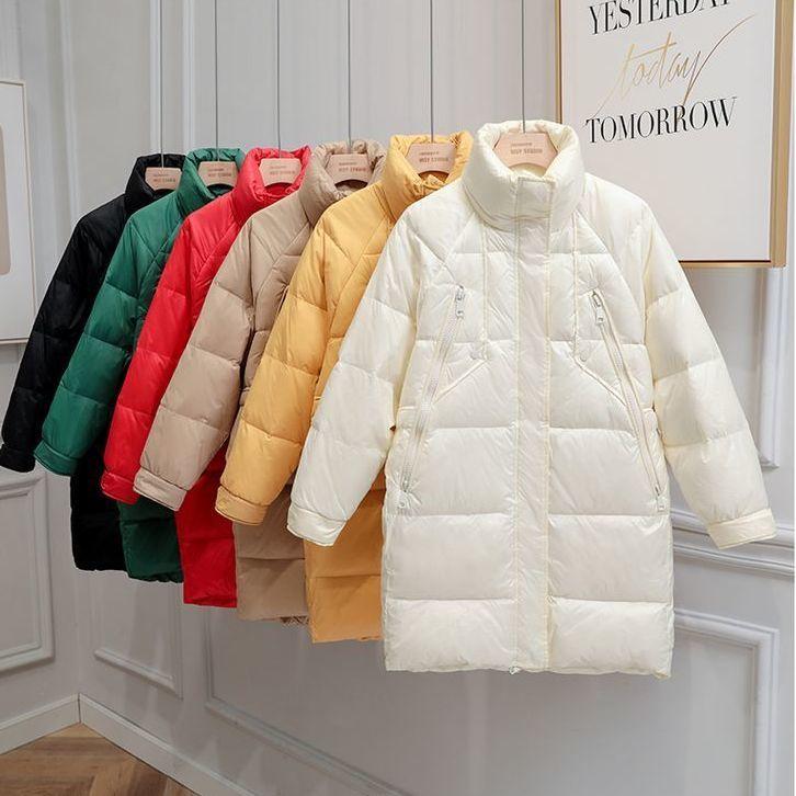 Mid-length Down Jacket Women Winter Korean Version of Loose Stand-up Collar Shiny Down Jacket Bread Suit Jacket