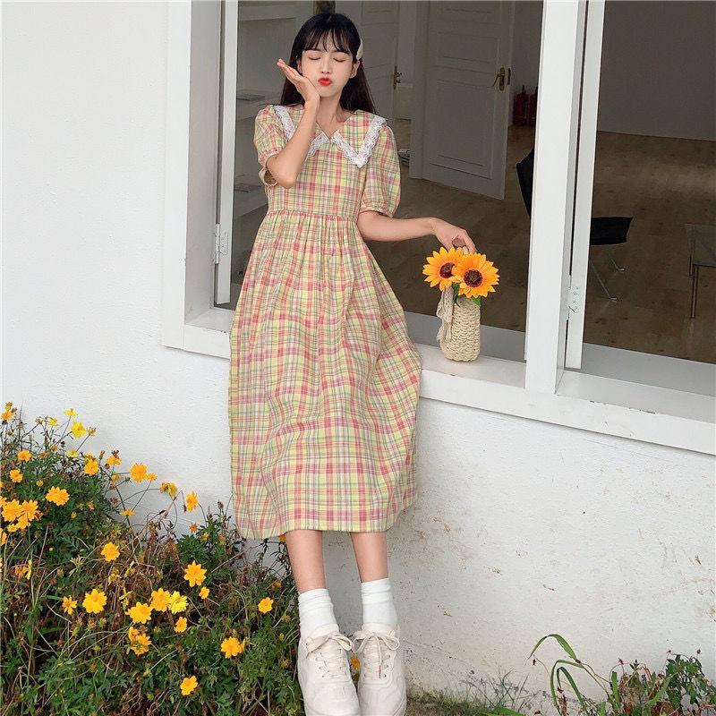 Female Lace Stitching Doll Collar Plaid Short Sleeve Holiday Dress High Waist Slim Vintage Elegant A-line Dress