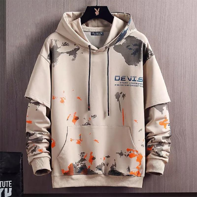 Men's Hooded Sweaters Fall and Winter Loose Warmth Printing Fake Two-piece Long-sleeved Sweaters