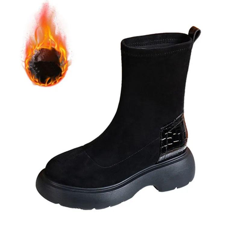 Black Boots Woman Autumn and Winter Velvet Elastic Boots Korean Version of Wild Short Boots Increased Thick-soled Boots Martin Plush Boots