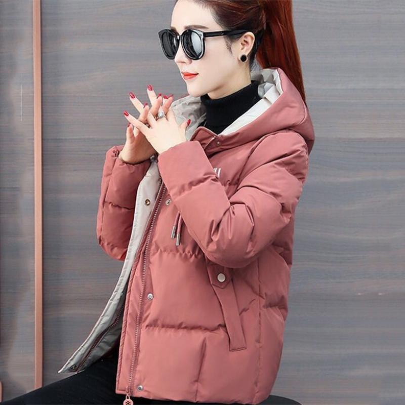 Women's Solid Color Short Down Jacket Winter Korean Style Loose Quilted Jacket Casual Warm Hooded Down Jacket