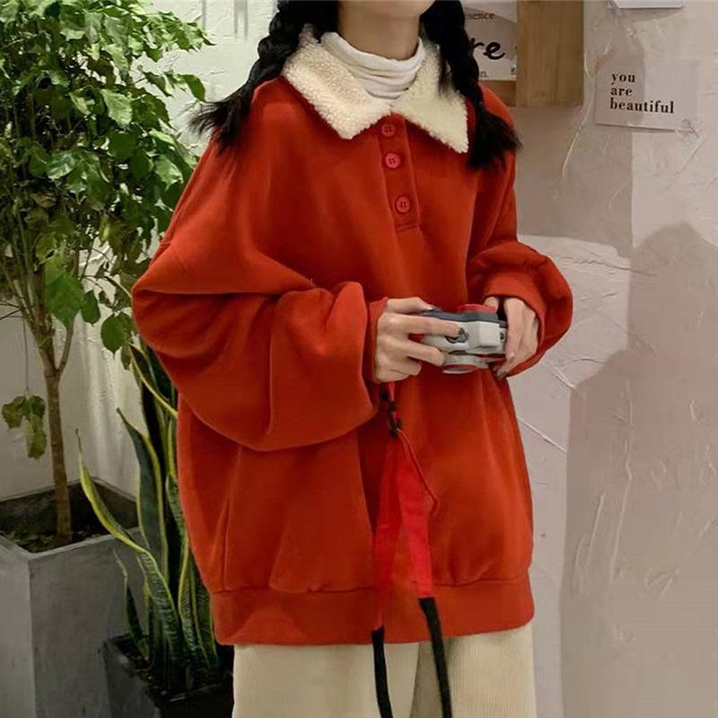 Autumn and Winter Loose Warm Pullover Sweater Women's Color Matching Polo Collar Jacket Jacket All-match Simple and Comfortable