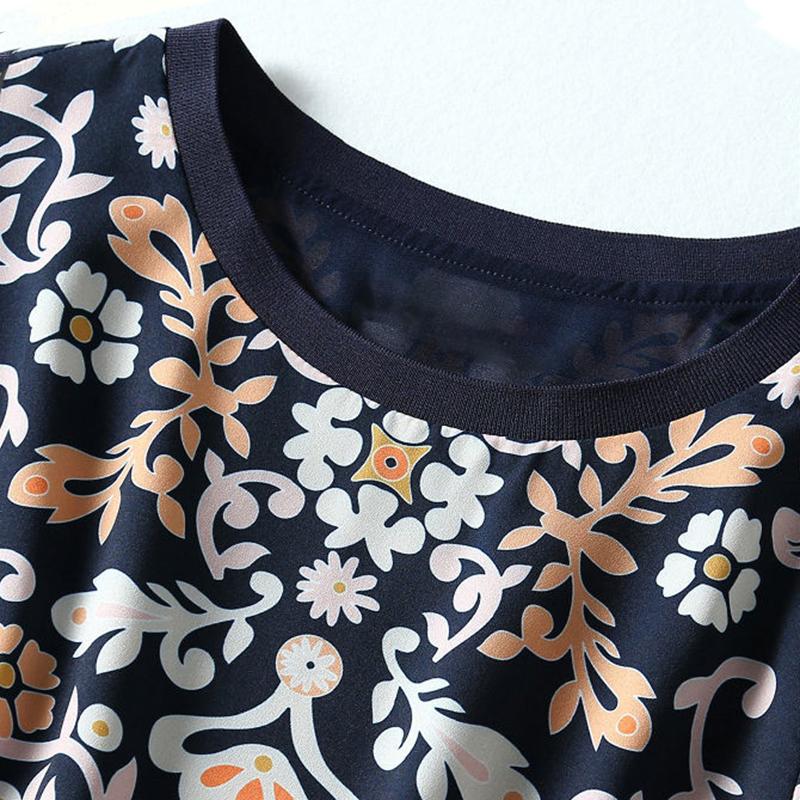 Ethnic Print Silk Dress Summer Round Neck Loose Plus Size Knee-length Light and Cool Floral A-line skirt