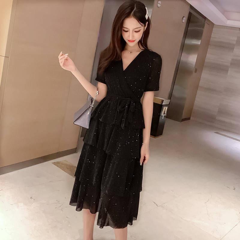 Fashion V-neck Mesh Dress Female Summer Sequins Multilayer Skirt Loose Long Dress for Party Evening